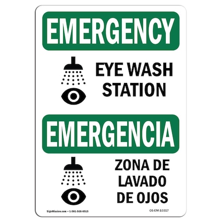 Signmission Safety Sign, OSHA EMERGENCY, 18" Height, Rigid Plastic, Eye Wash Station Bilingual, Landscape OS-EM-P-1824-L-10317